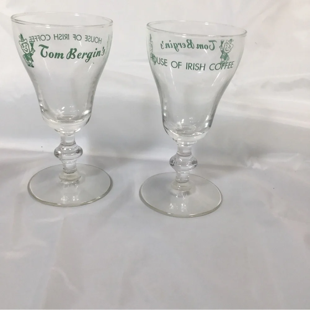 2 Tom Bergin’s House Of Irish Coffee Glasses 5.5” Leprechaun Stem VTG Green